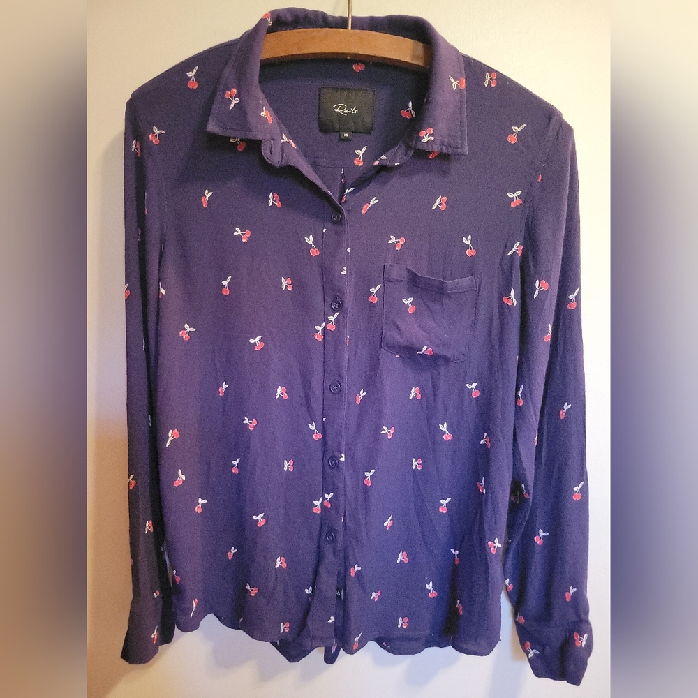 Rails Womens Kate Top Blouse XS Cherry Print Button Navy Blue Long Sleeve Collar
